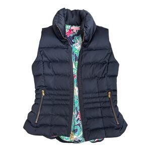 Lilly Pulitzer Navy Quilted Puffer Vest Floral Lined Medium Preppy Resort Chic